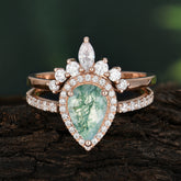 1.5 Carat Pear Shaped Moss Agate Engagement Ring Classic Wedding Ring Set